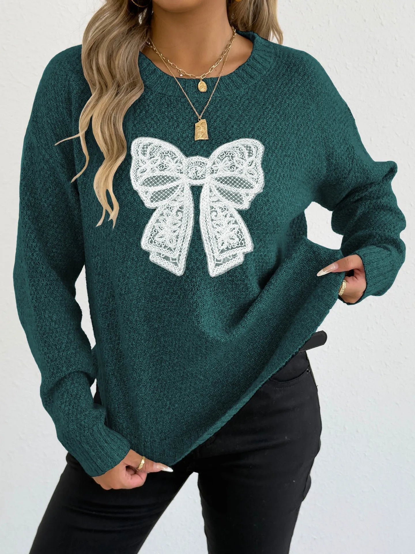 Women's Round Neck Embroidered Lace Butterfly Stitching Woven Sweater