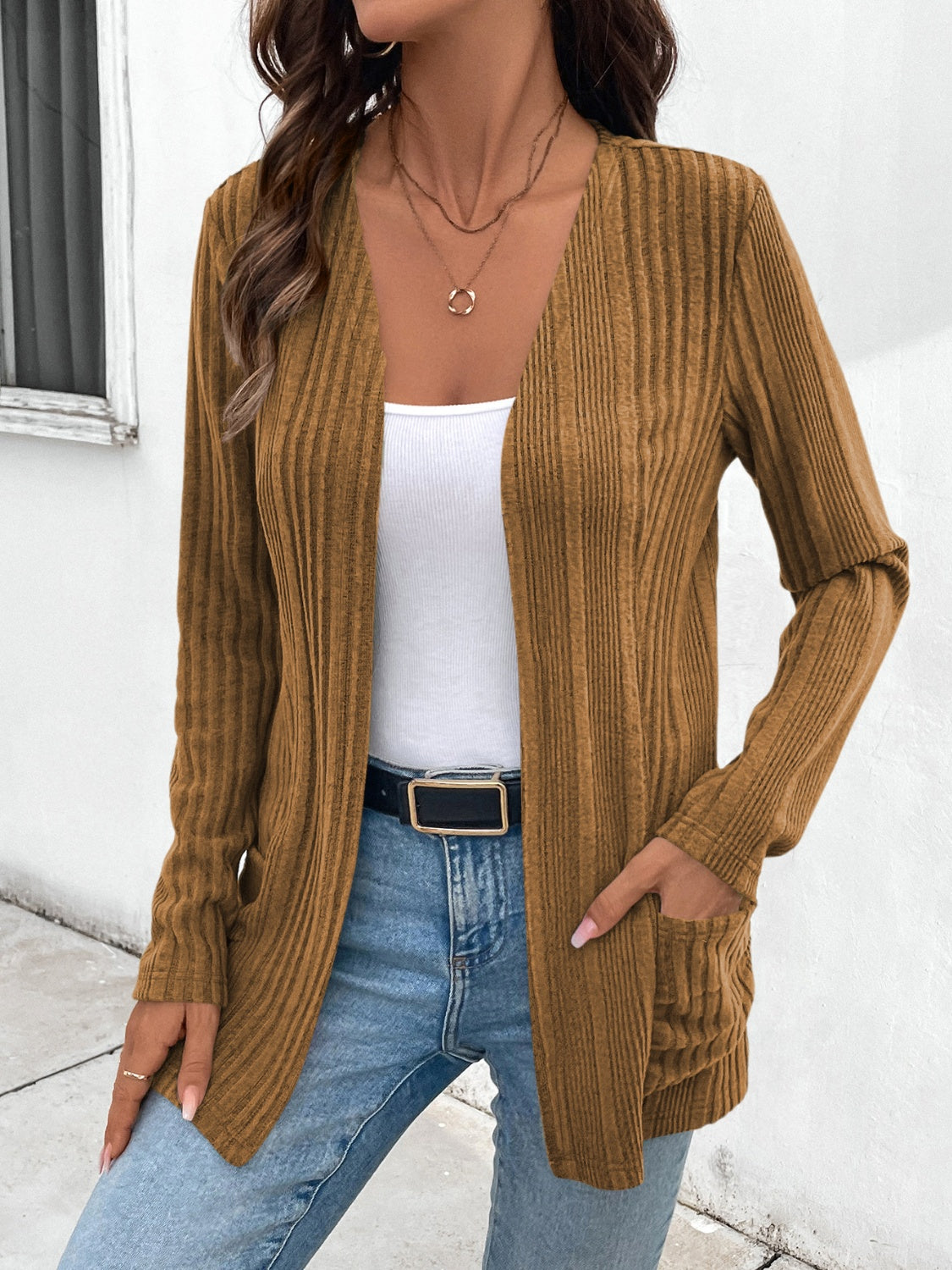Open Front Long Sleeve Cardigan with Pockets