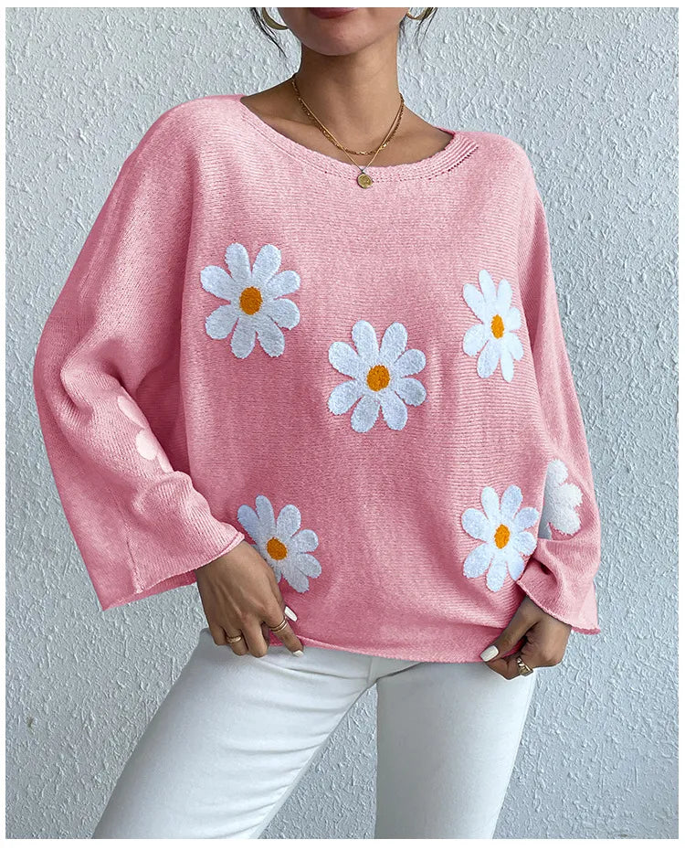 Sweet Flowers Loose Knitted Sweater For Women