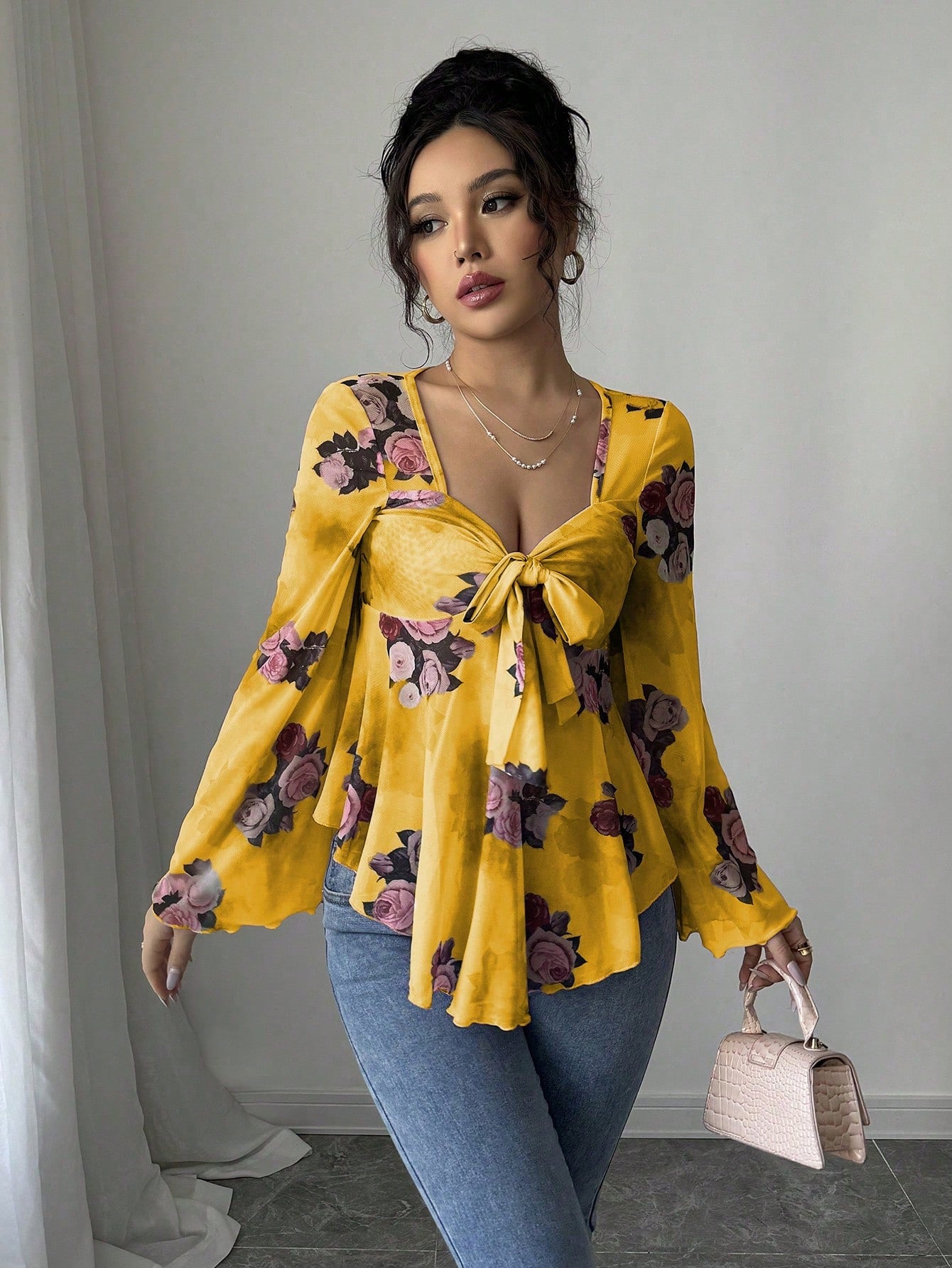 European And American Design Sense French Sweet Flower Blooming Lace-up Square Collar Long Sleeve Shirt