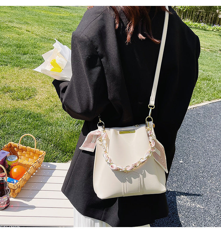 Leather Bucket Tote Bag with Chain Sling Handle
