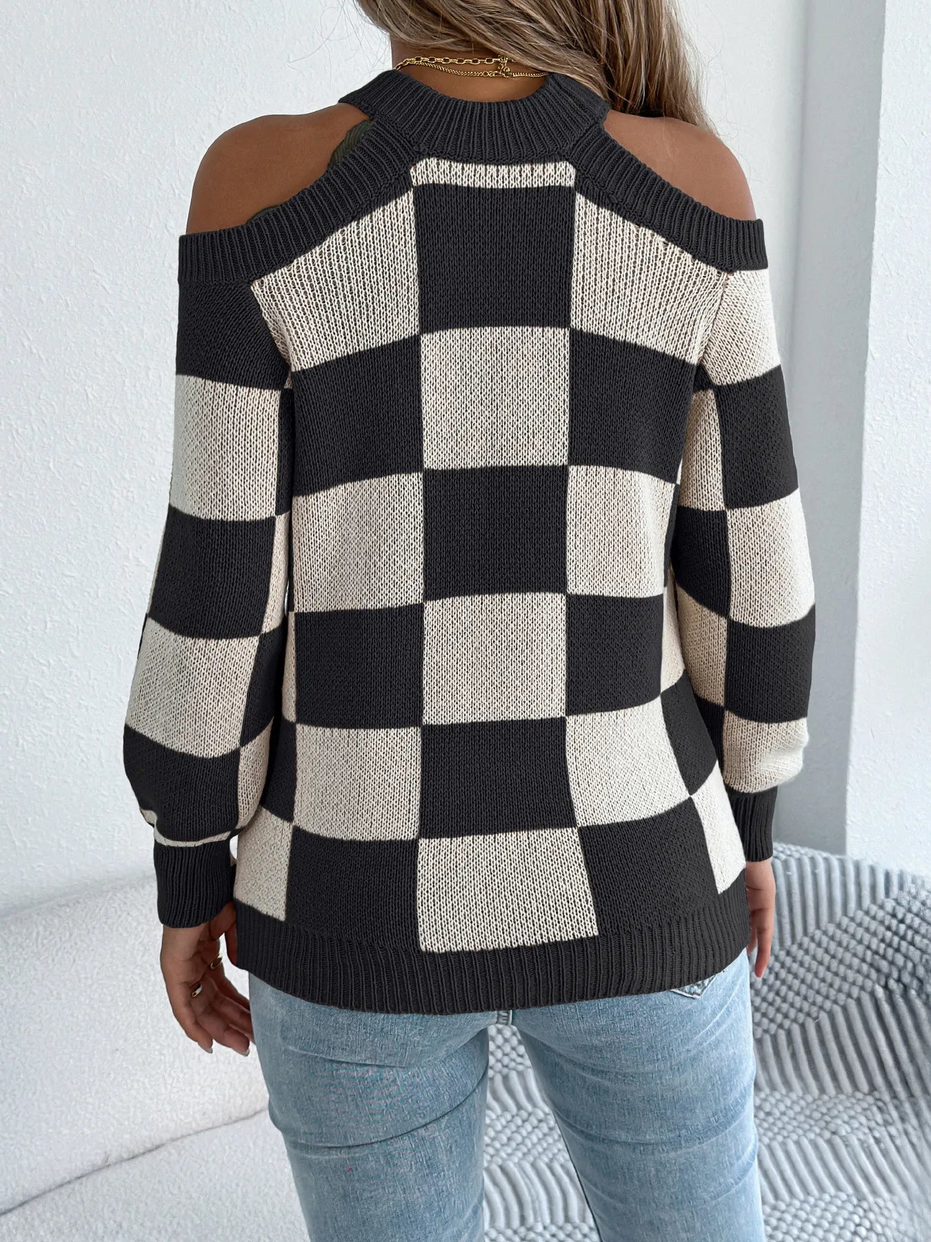Off-the-shoulder Contrast Color Plaid Lantern Long Sleeve Sweater