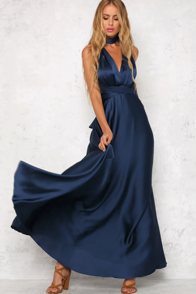 Deep V-neck Sleeveless Lace-up Sexy Backless High Waist Large Swing Satin Dress