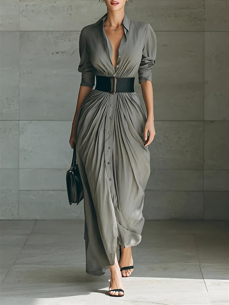 Fashionable Elegant Lapel Breasted Shirt Dress With Belt