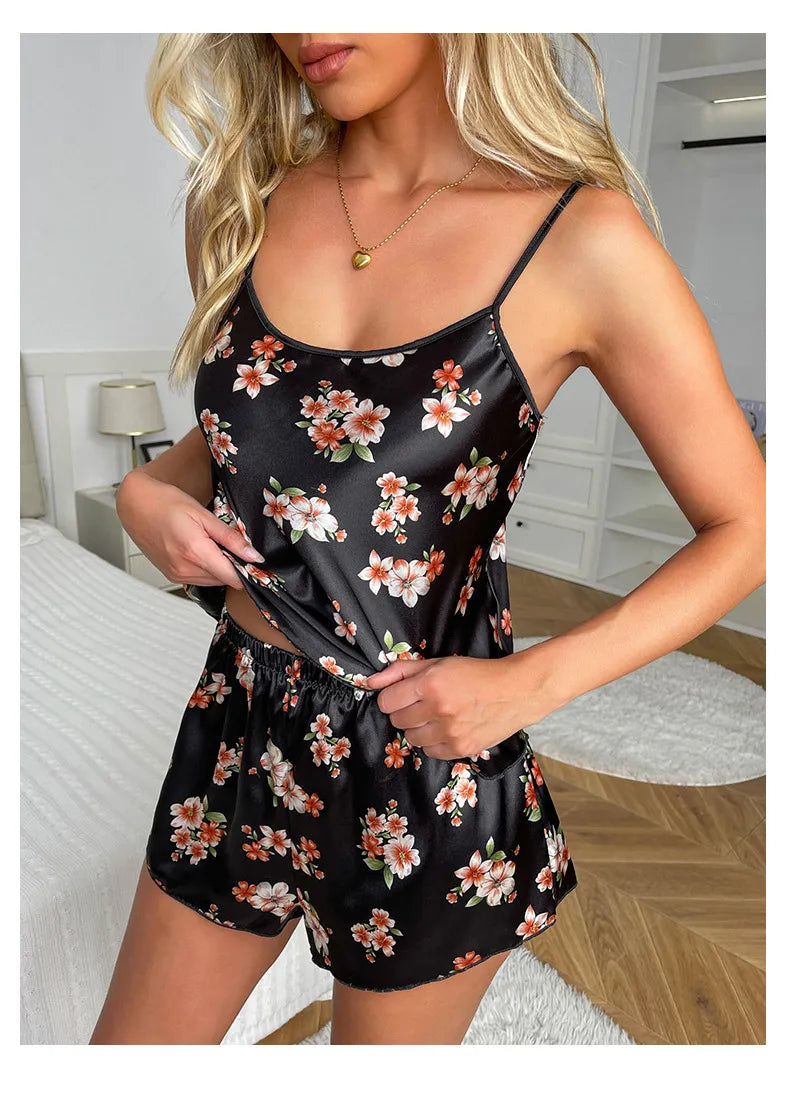 Satin Print Suspender Shorts Pajamas Suit
