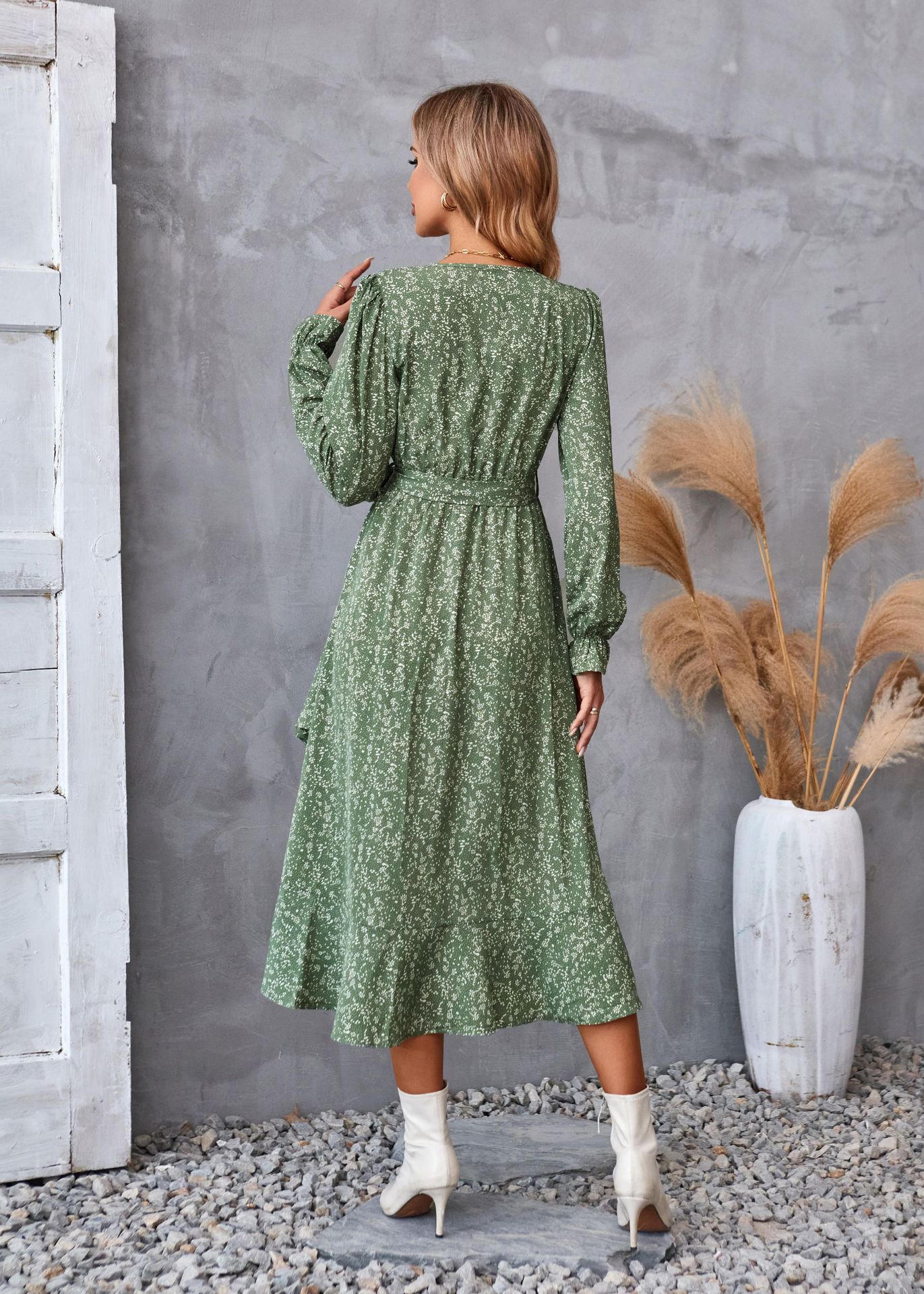 Flowers Print Long Sleeve Dress Fashion Ruffled Commuter Temperament Dresses Womens Clothing