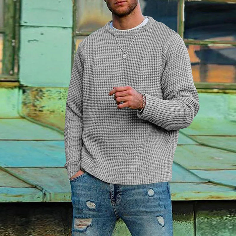 Men's Solid Color Waffle Autumn Long Sleeve Round Neck Base Sweater