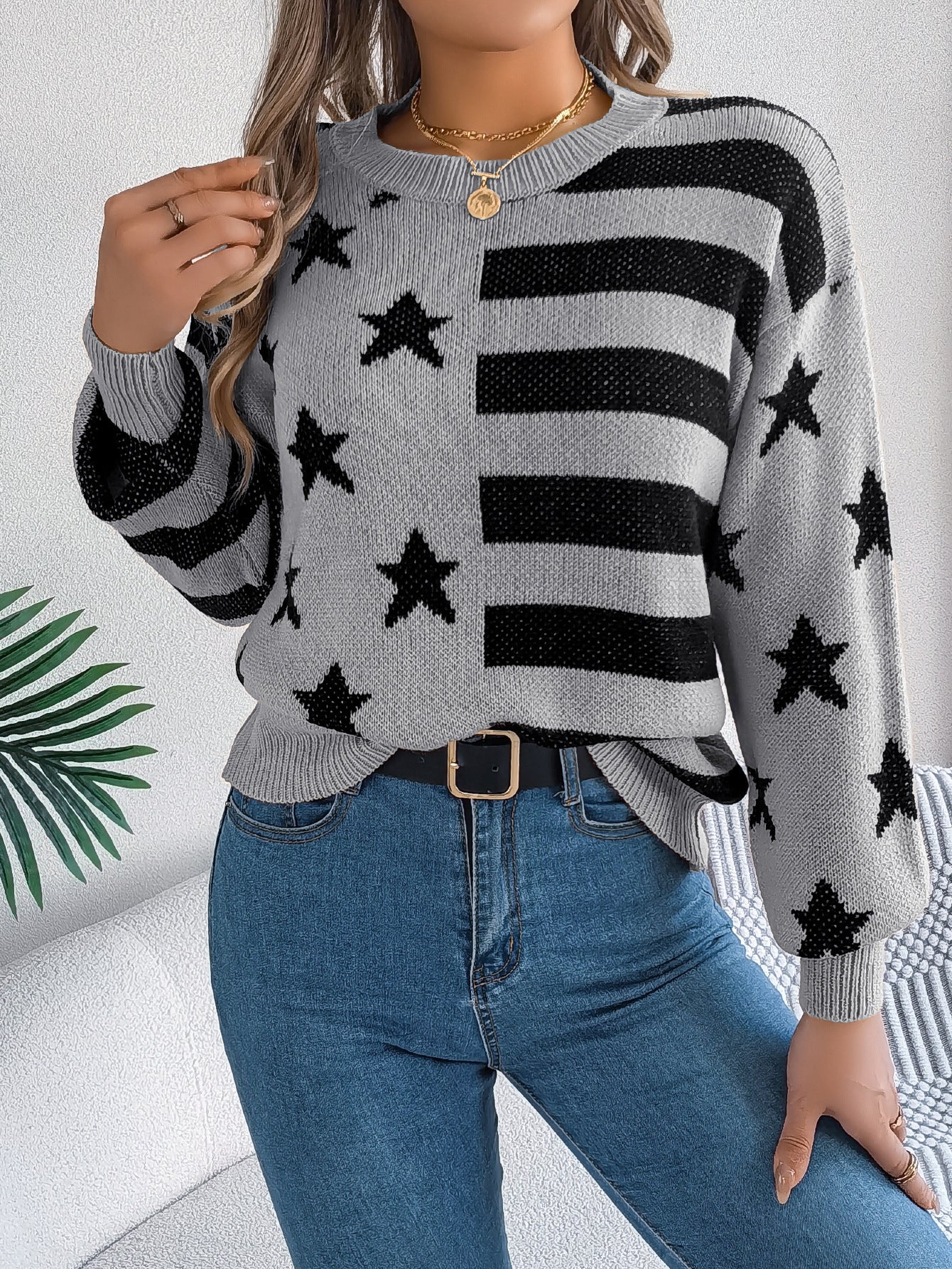 Casual Star Stripes Lantern Long Sleeve Pullover