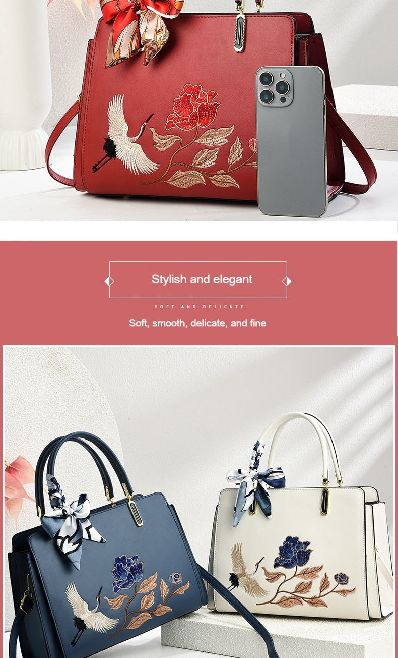 Womens New Chinese-Style National-Flair Embroidered Crane Fashion Crossbody Tote Bag