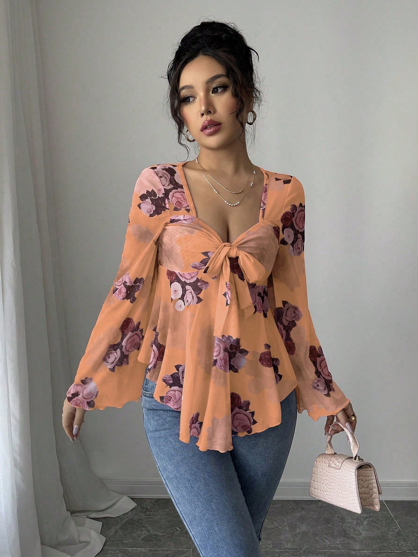 European And American Design Sense French Sweet Flower Blooming Lace-up Square Collar Long Sleeve Shirt