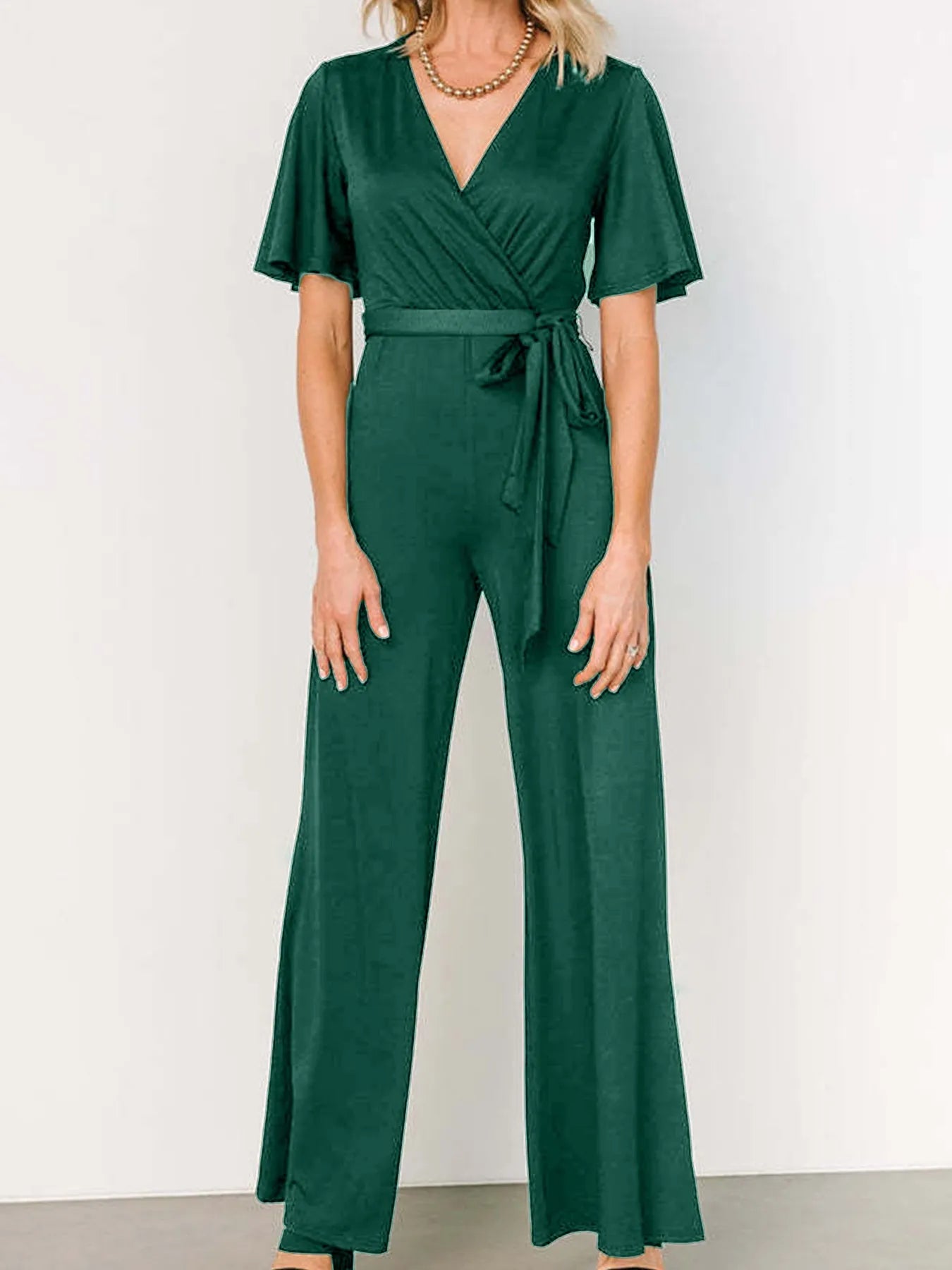Women's Casual Solid Color Short Sleeve Belt Jumpsuit