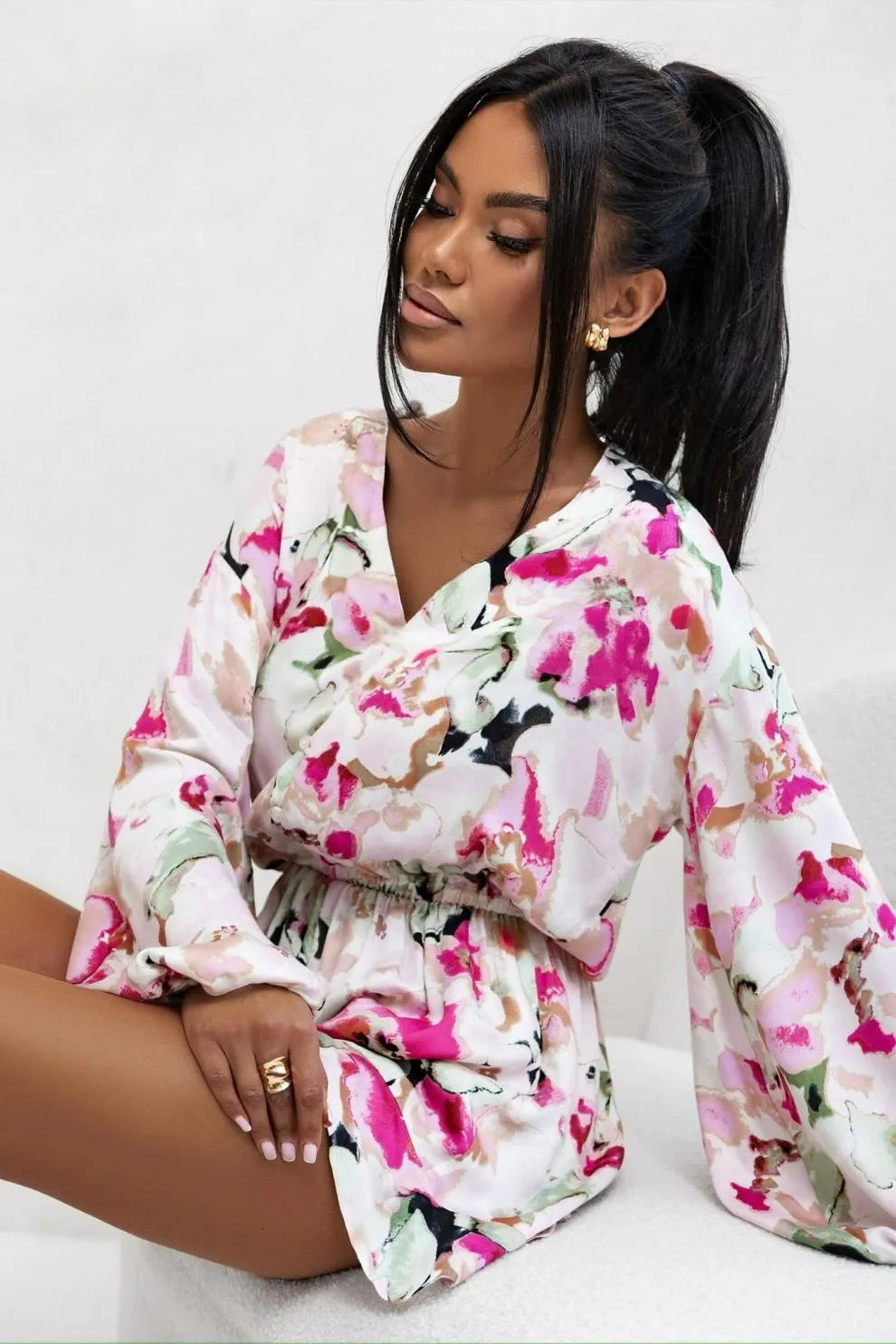 Printed V-neck Long Sleeve Jumpsuit