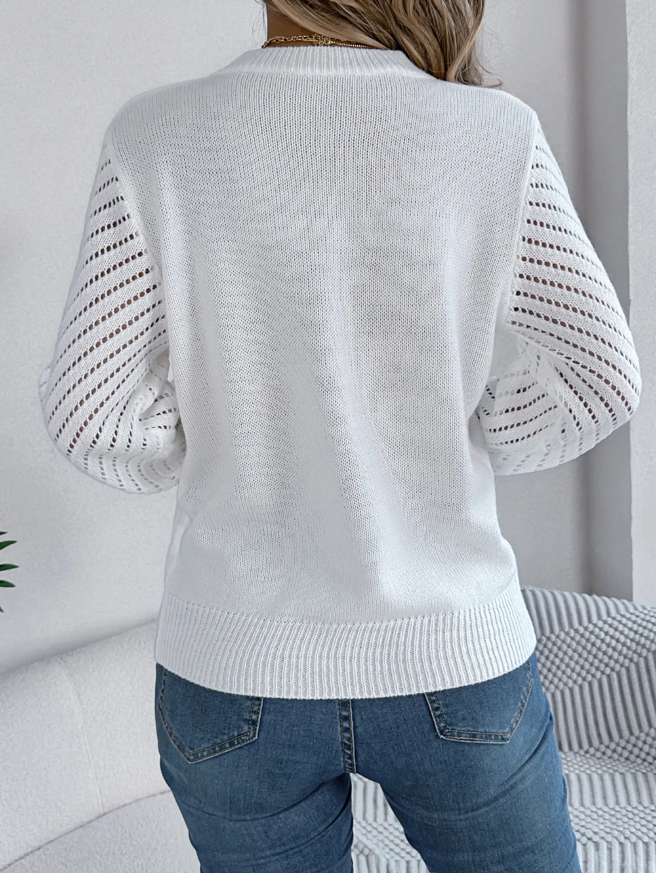 Casual Hollow Round Neck Pullover Sweater Fashion Solid Color Lantern Sleeve Top Womens Clothing