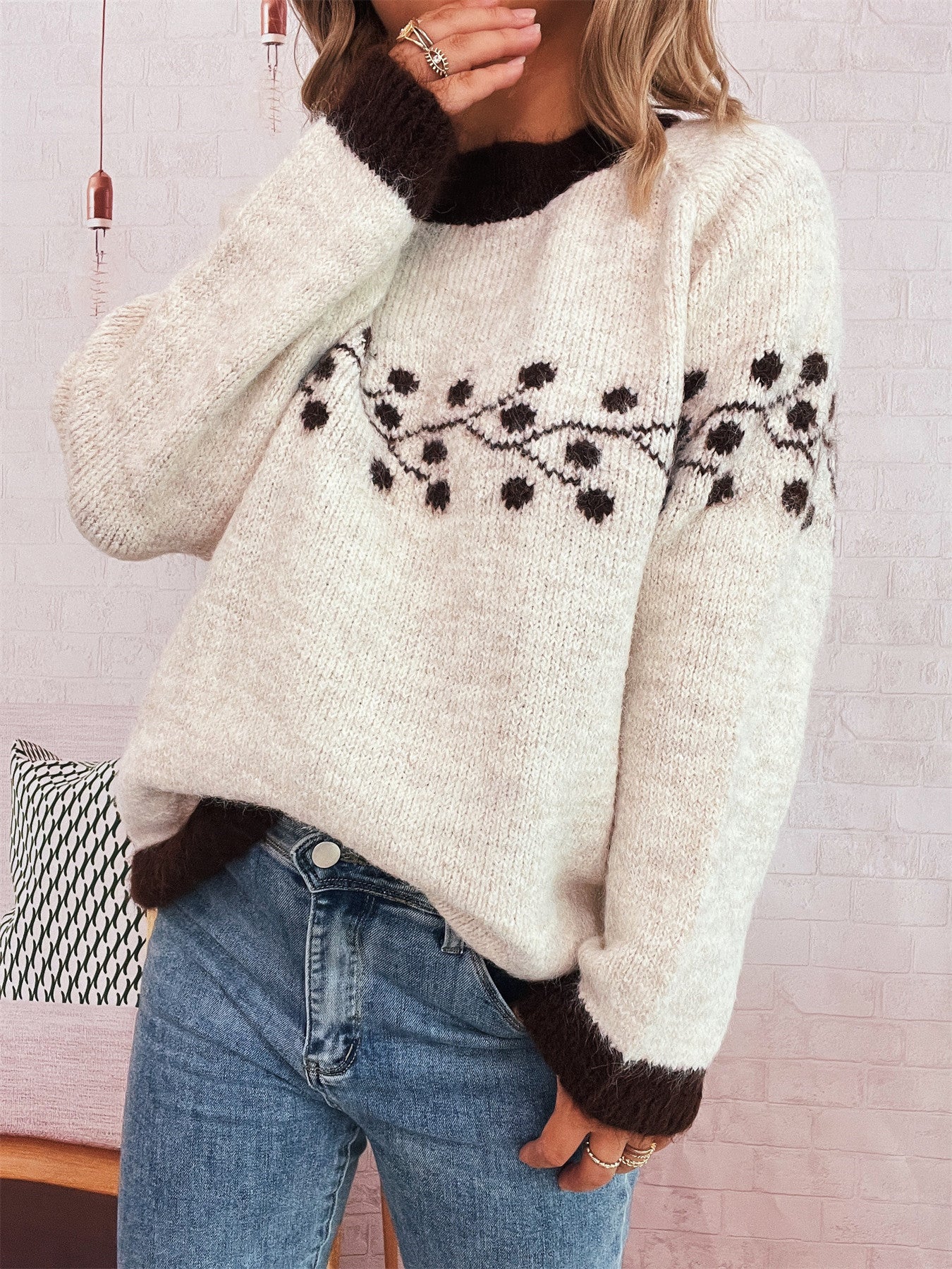 Autumn And Winter New Polka Dot Branch Jacquard Commute Leisure Sweater