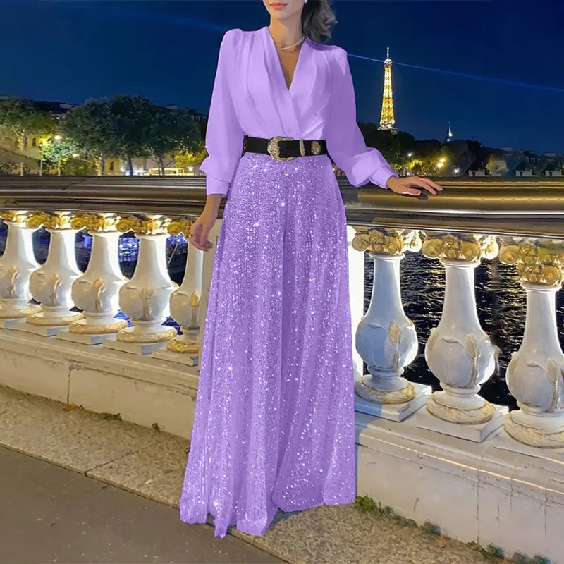 V-neck Elegant Waist Slimming Sequined Ladies