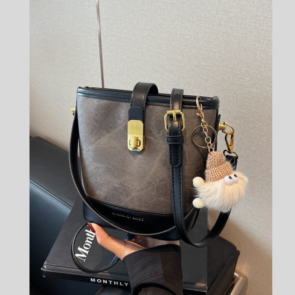 Vintage Bucket Crossbody Bag with Plush Charm