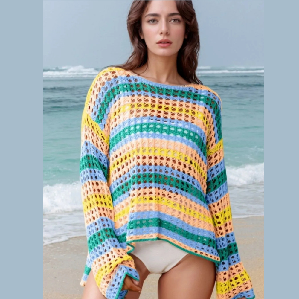 Openwork Round Neck Long Sleeve Knit Cover Up