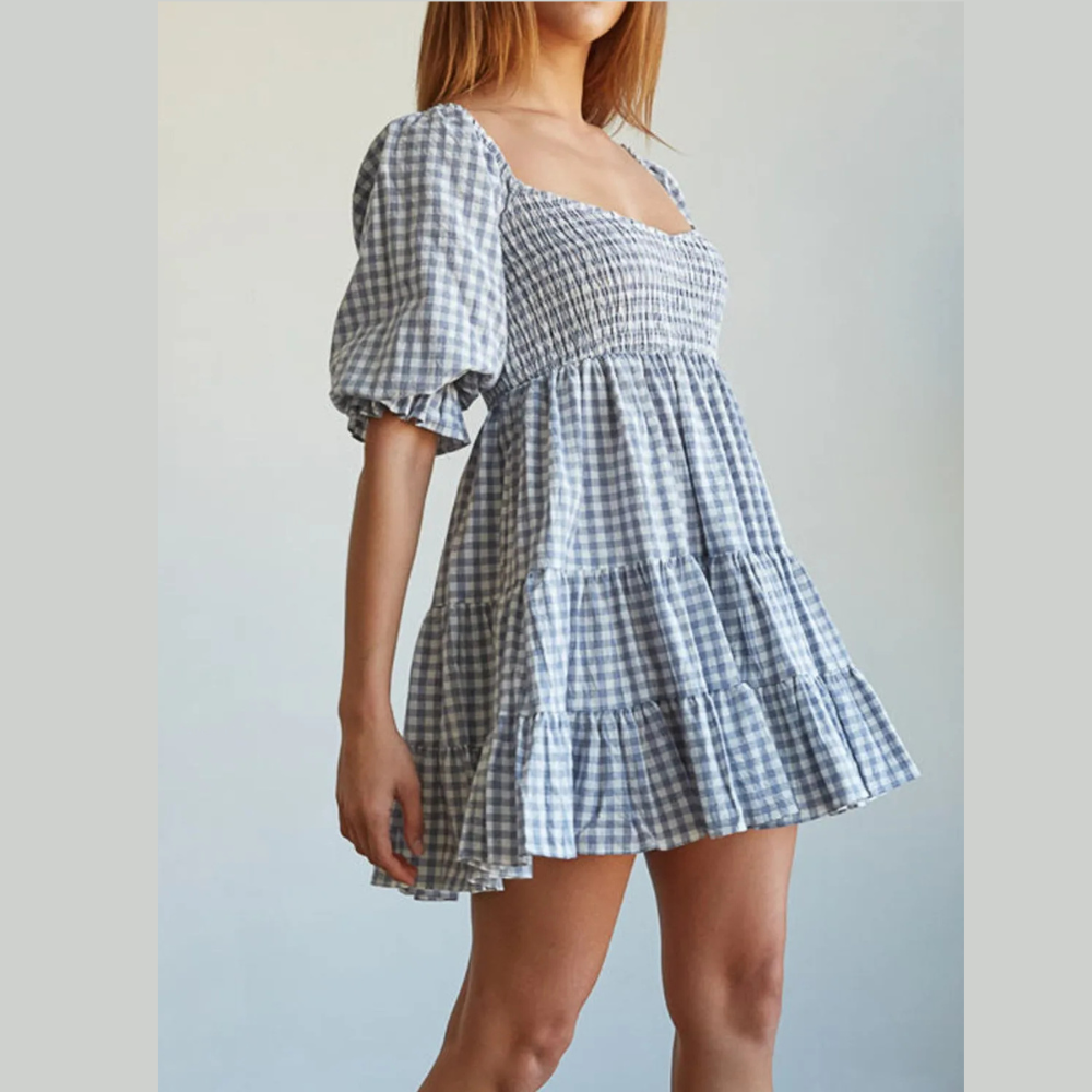 Ruffled Hem Plaid Half Sleeve Mini Dress