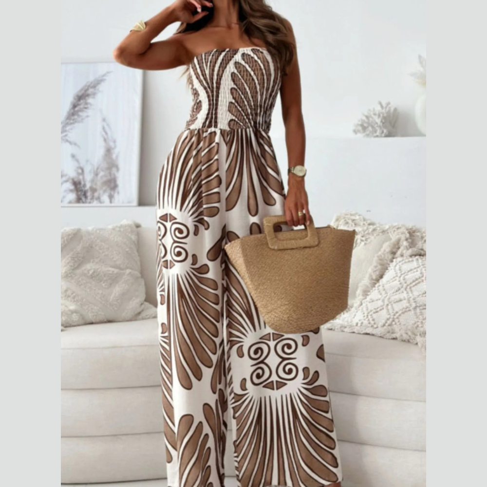 Printed Smocked Tube Wide Leg Jumpsuit