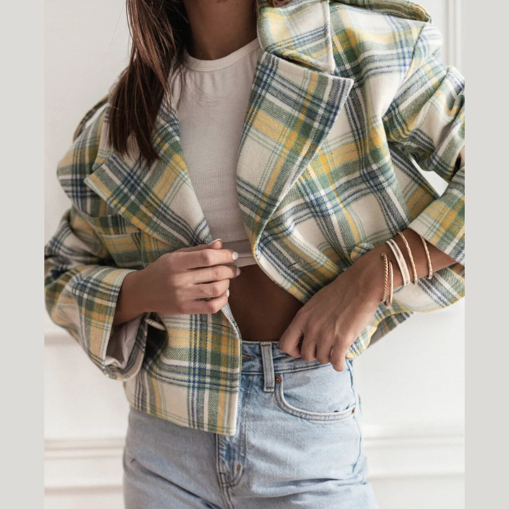 Lapel Collar Plaid Cropped Jacket