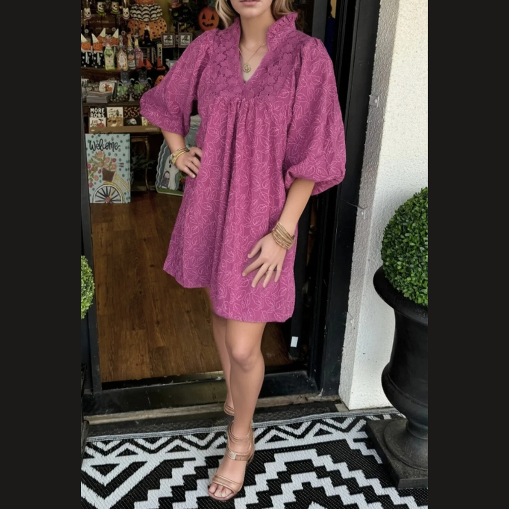 Lace Detail Notched Half Sleeve Mini Dress