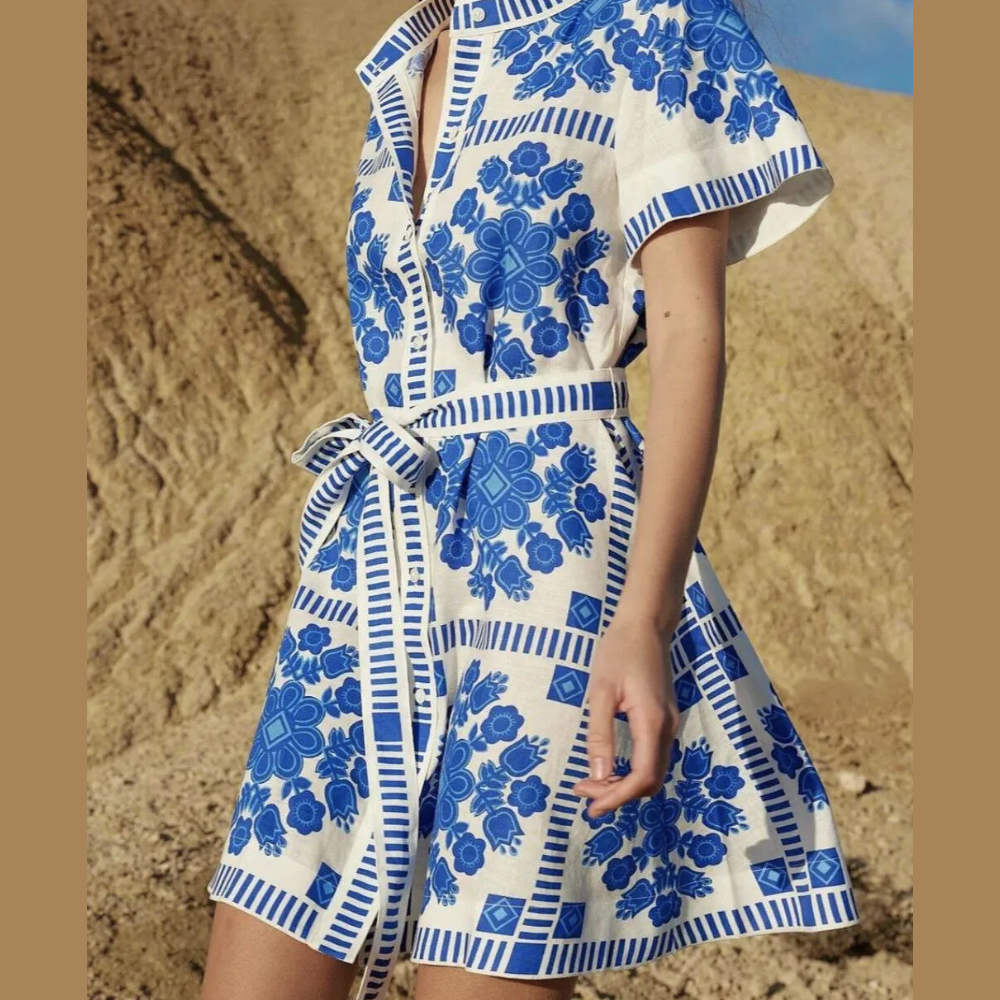 Floral Printed Tie Waist Short Sleeve Dress