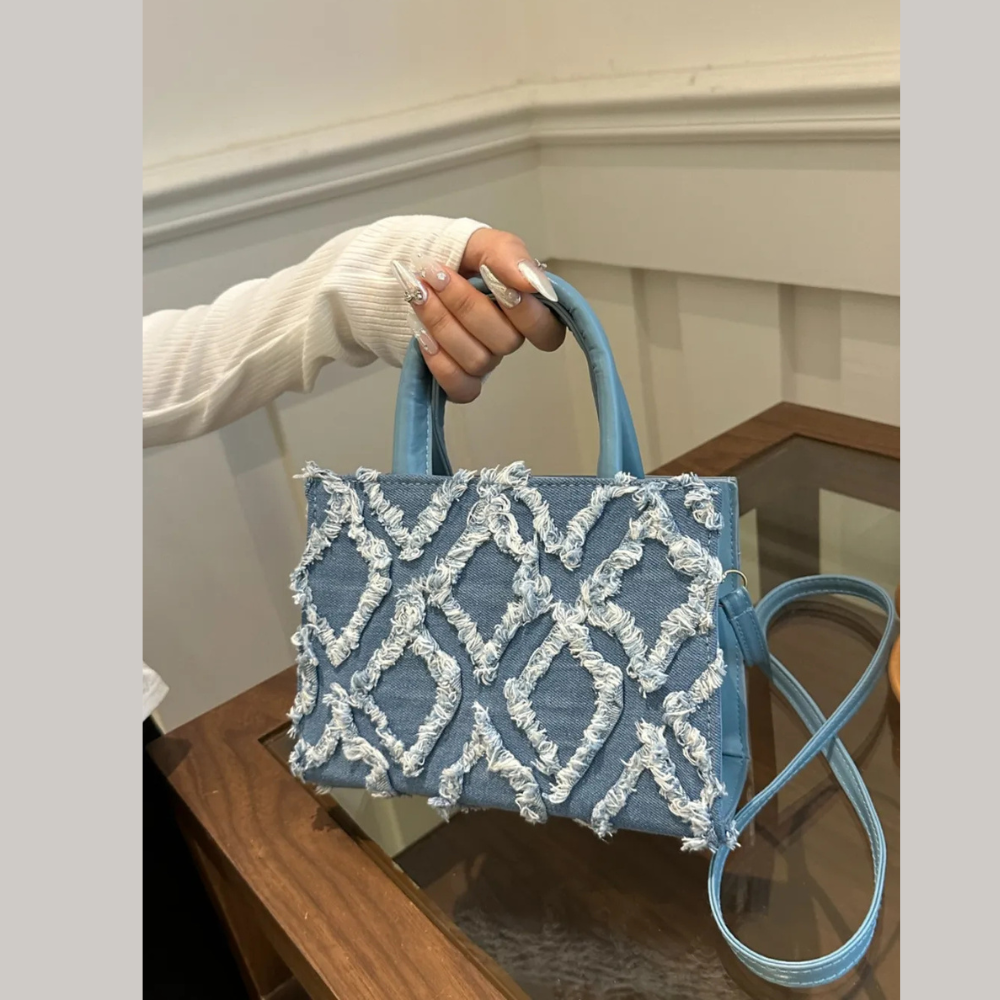 Raw Hem Denim PU Leather Handbag