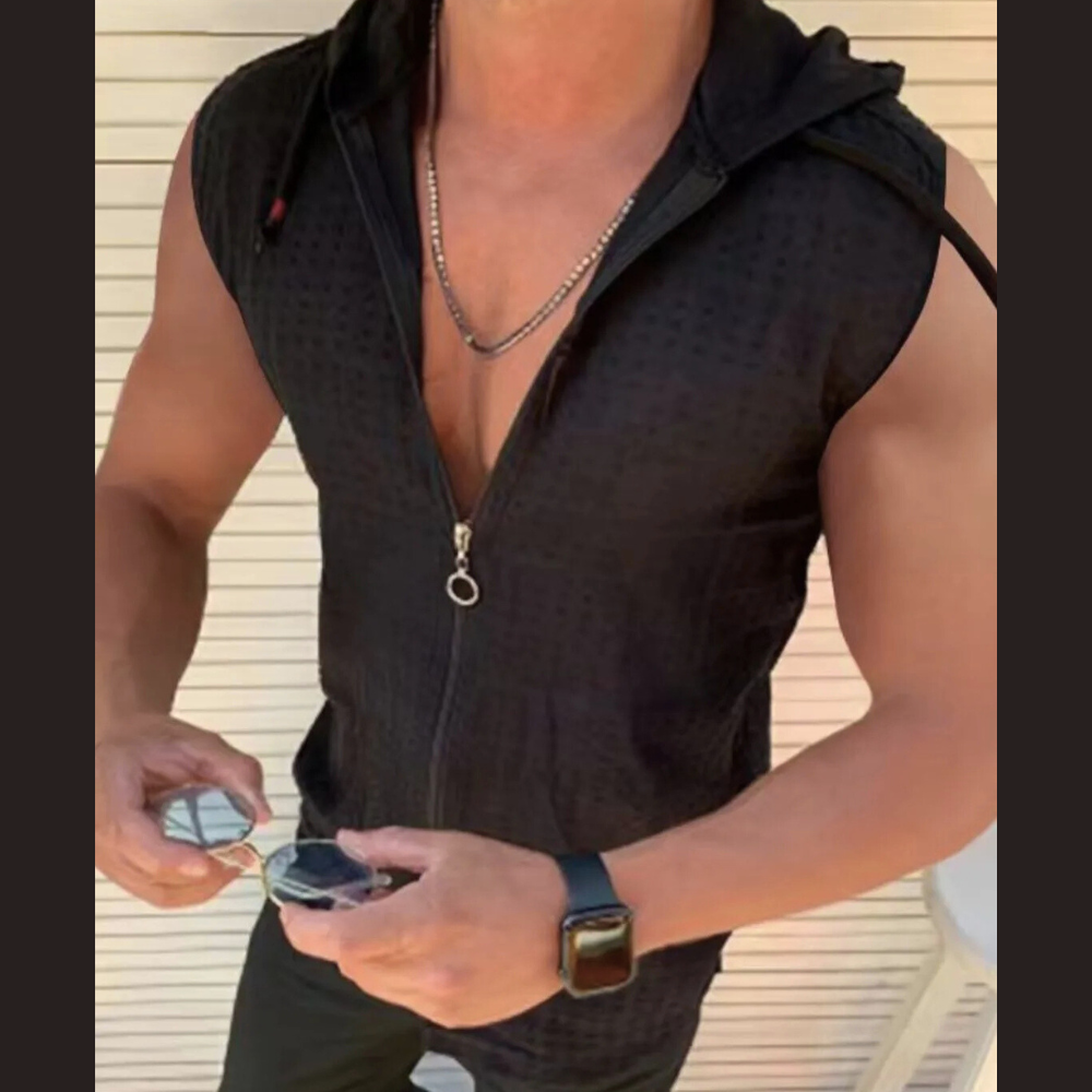 Men's Full Size Zip Up Sleeveless Hooded Top Plus Size