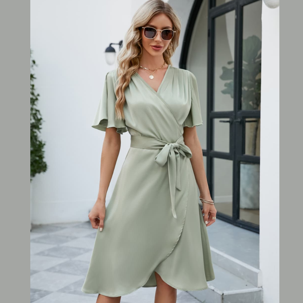 Ruffled Hem V-Neck Balloon Sleeve Dress