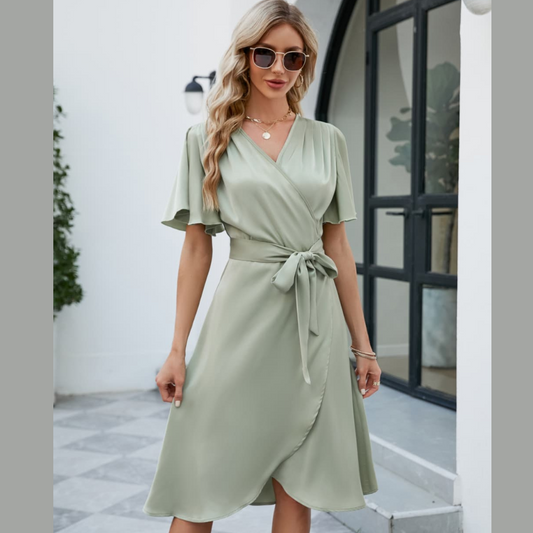Ruffled Hem V-Neck Balloon Sleeve Dress