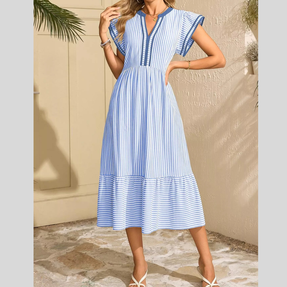 Perfee Ruched V-Neck Half Sleeve Midi Dress