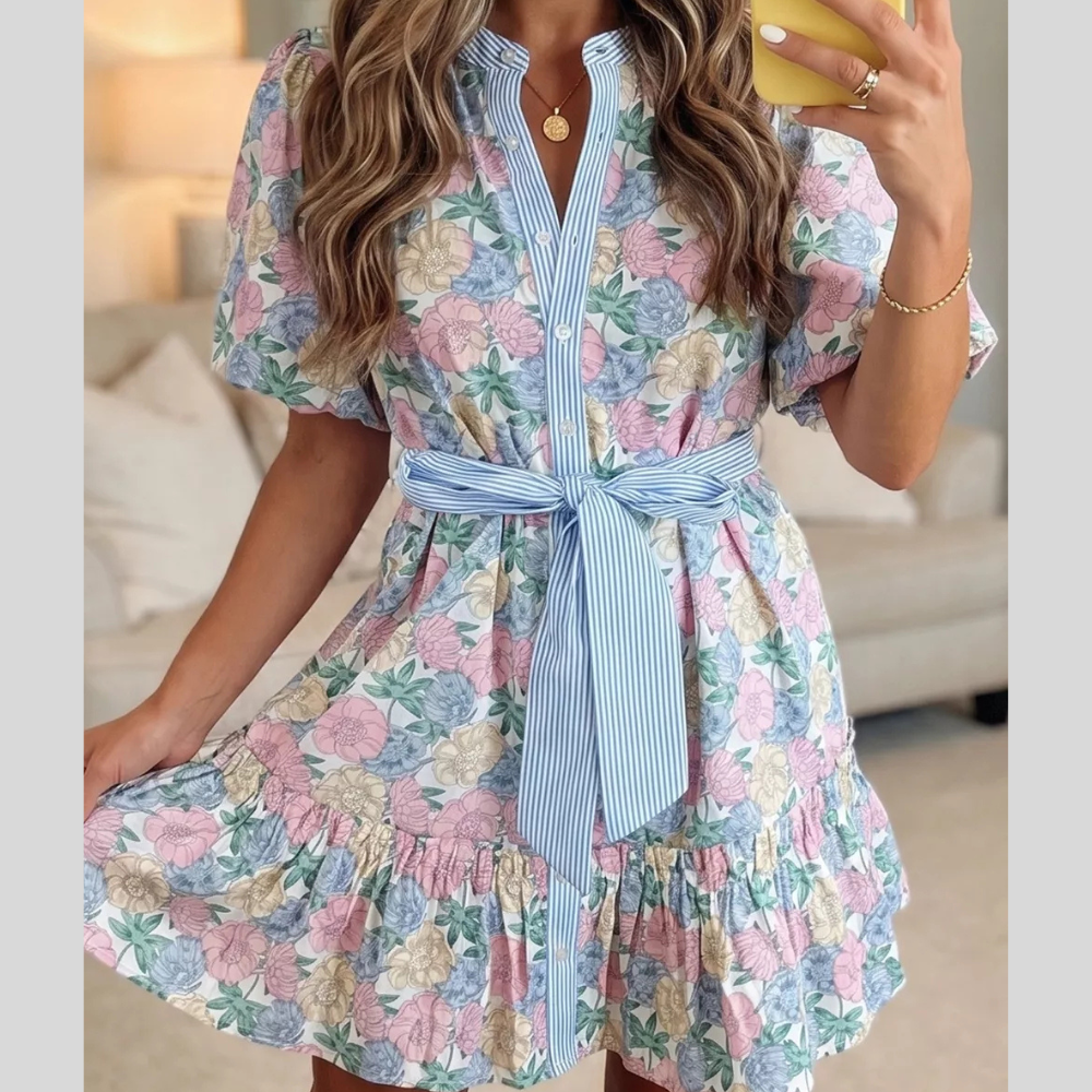 Floral Surplice Ruffled Cap Sleeve Dress