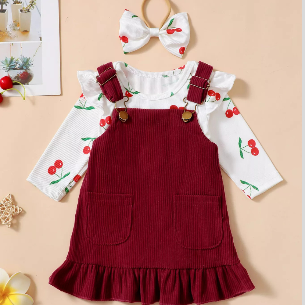 Children's Floral Print Ruffle Trim Bodysuit & Bear Applique Overalls Set