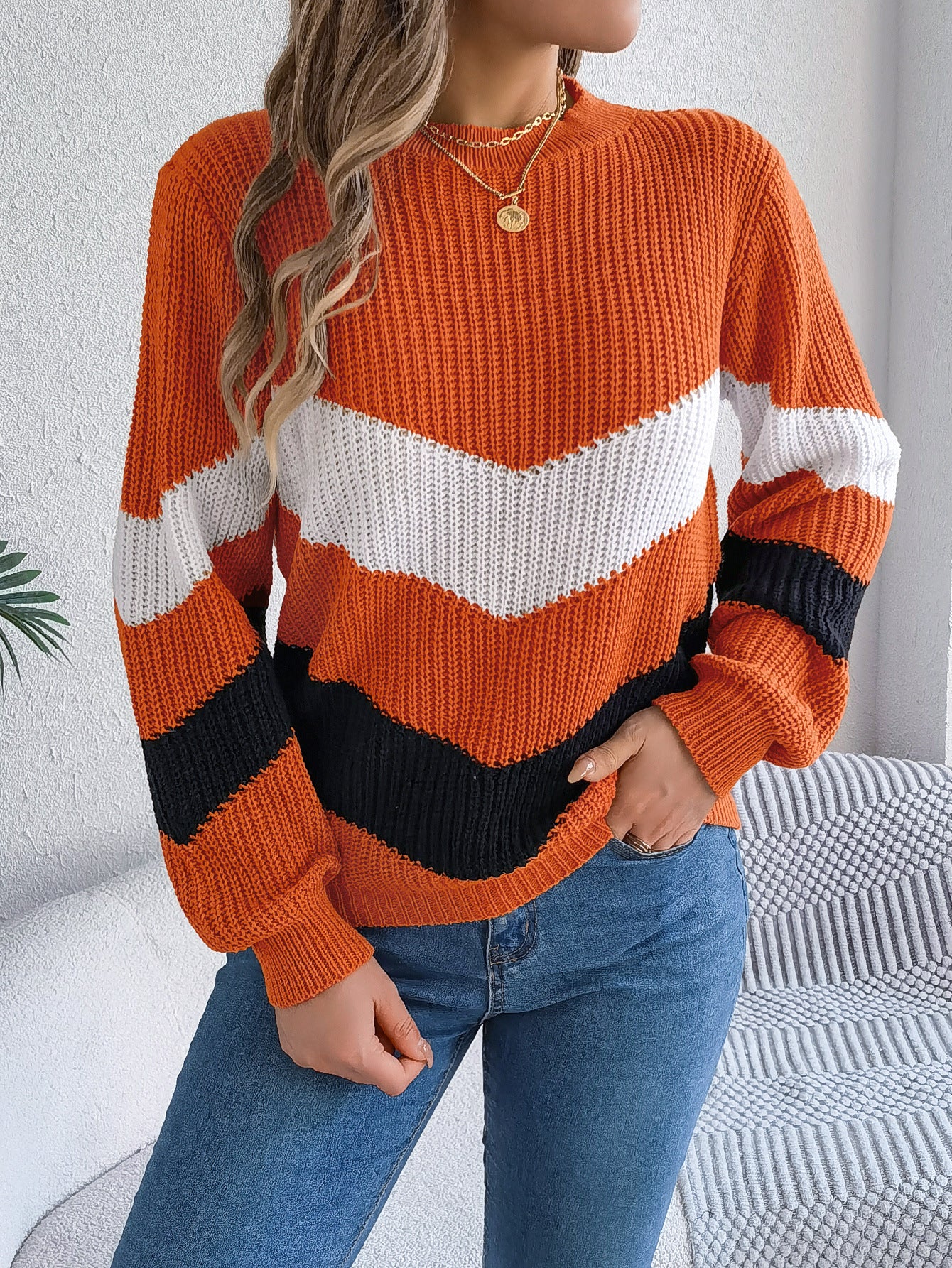 Casual Multicolor Lantern Long Sleeve Pullover