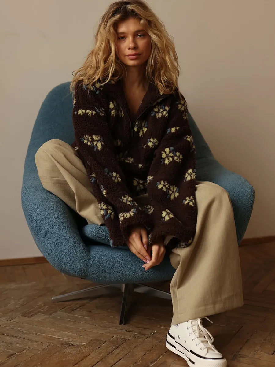 Winter Flowers Lambskin Sweatshirt With Big Pocket Casual Loose Zip-up Lapel Pullover Top Women's Clothing