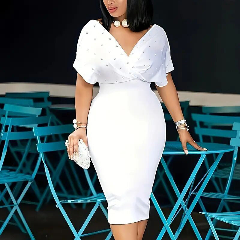 Women's Elegant Deep V Neck Wrap Bodycon Dress Back Zipper Pencil Midi Dress-FREE USA SHIPPING