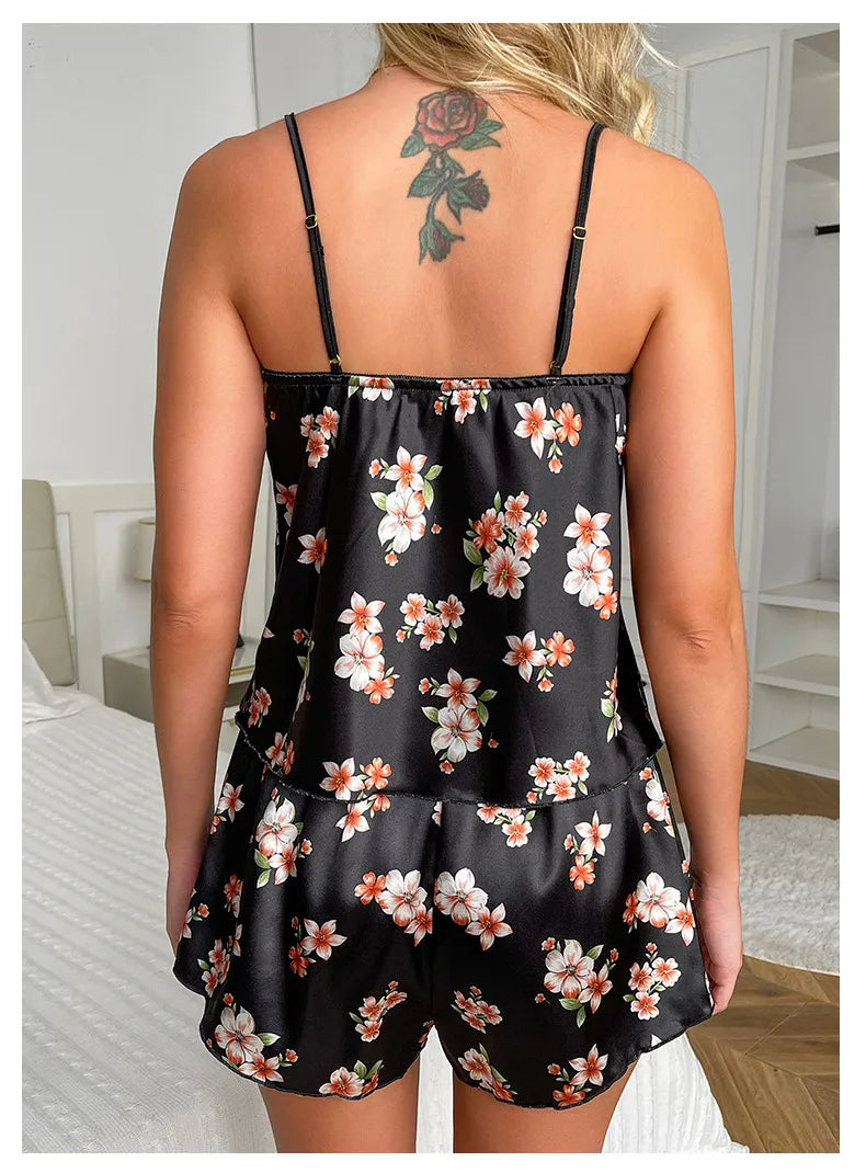 Satin Print Suspender Shorts Pajamas Suit