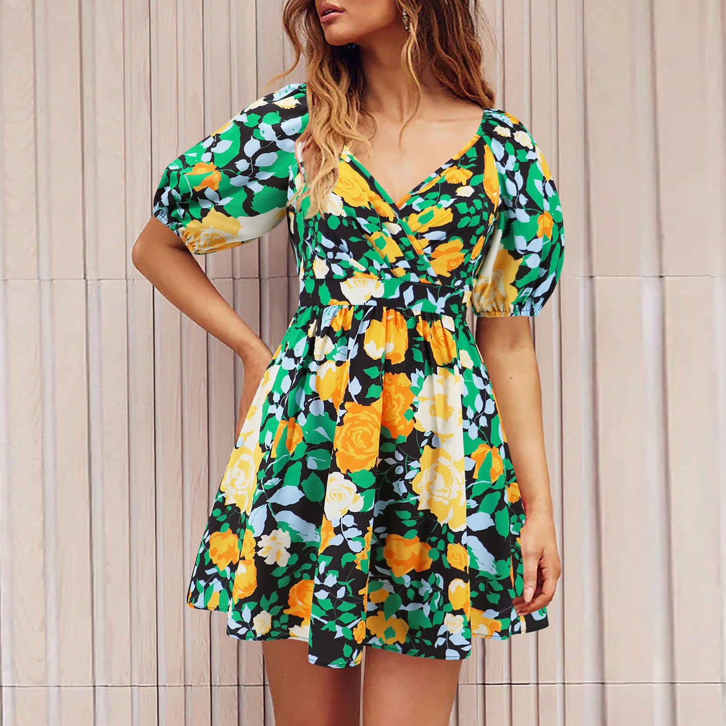 Flowers Print V-Neck Lantern-sleeve Dress Summer Vacation Beach Short Dresses Fashion Womens Clothing