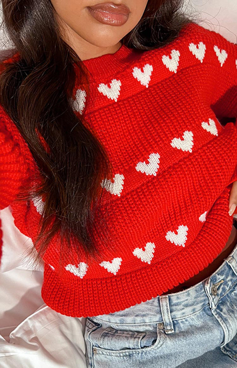 Sweet Cute Love Heart Two-tone Jacquard Contrast Color Round Neck Long Sleeve Sweater