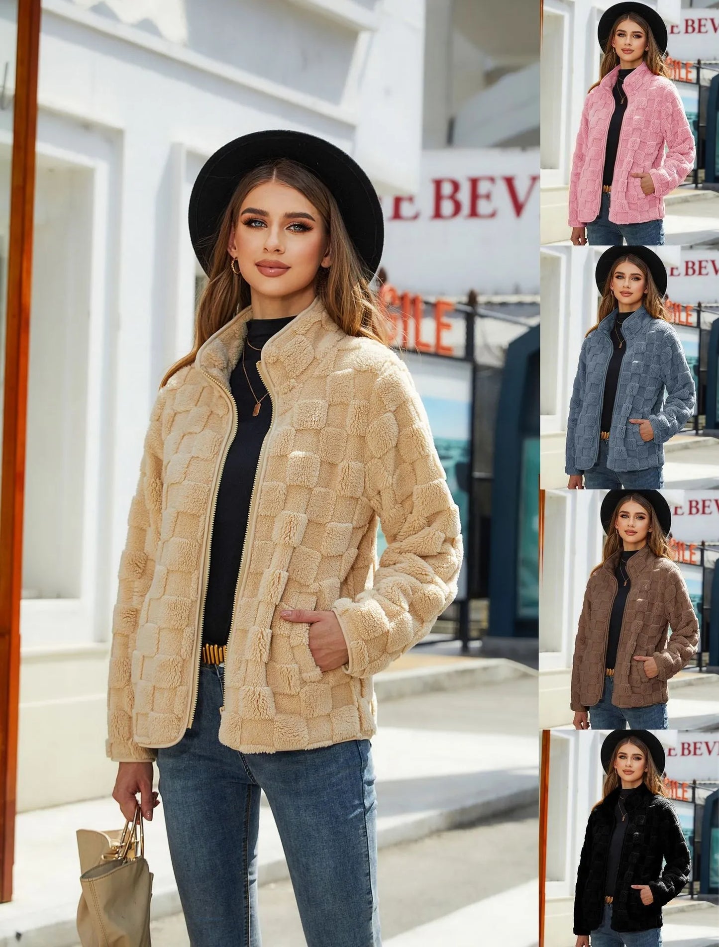 Loose Solid Color Plaid Plush Coat