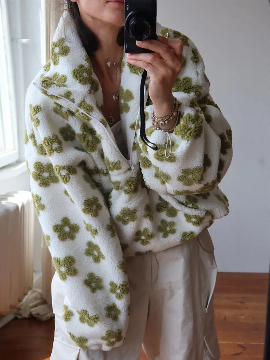 Winter Flowers Lambskin Sweatshirt With Big Pocket Casual Loose Zip-up Lapel Pullover Top Women's Clothing