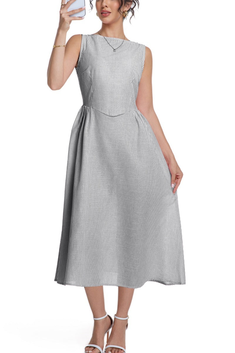 Women's Striped Sleeveless Zipper Princess Dress