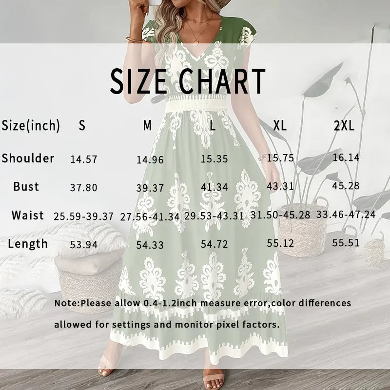 Women's Summer Flowy Maxi Dress Casual Cap Sleeve V Neck Smocked Waist Beach Sundress-FREE USA SHIPPING