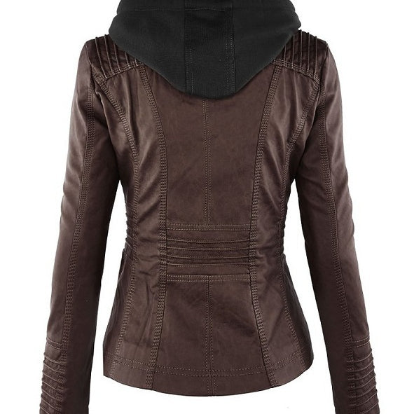 Women's Detachable Lapel Long Sleeve Solid Color Zipper Leather Jacket Coat