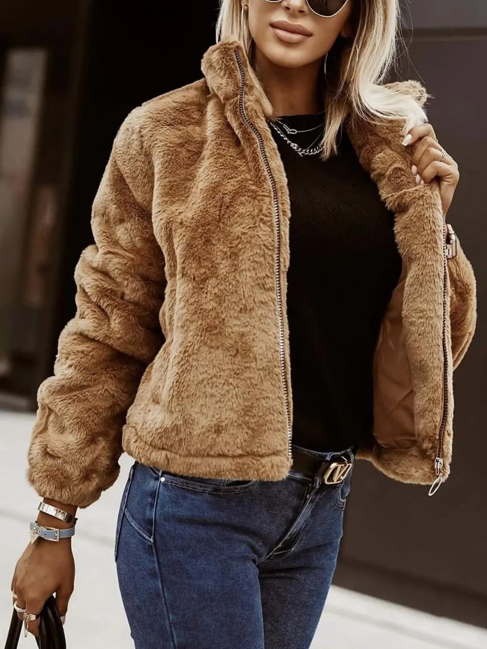 Summer Rabbit Fur Faux Leather Zipper Cardigan Plush Warm Coat