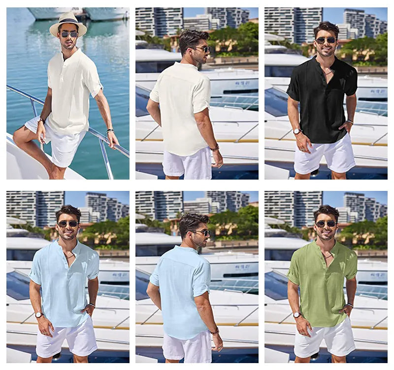 Henley Style Linen Shirt Men Casual Beach Shirt Short Sleeve T-Shirt Summer