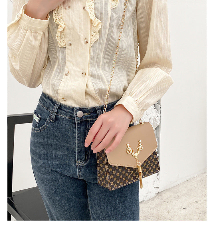 Tassel Deer Head Contrast Color Chain Small Square Leisure Phone Bag