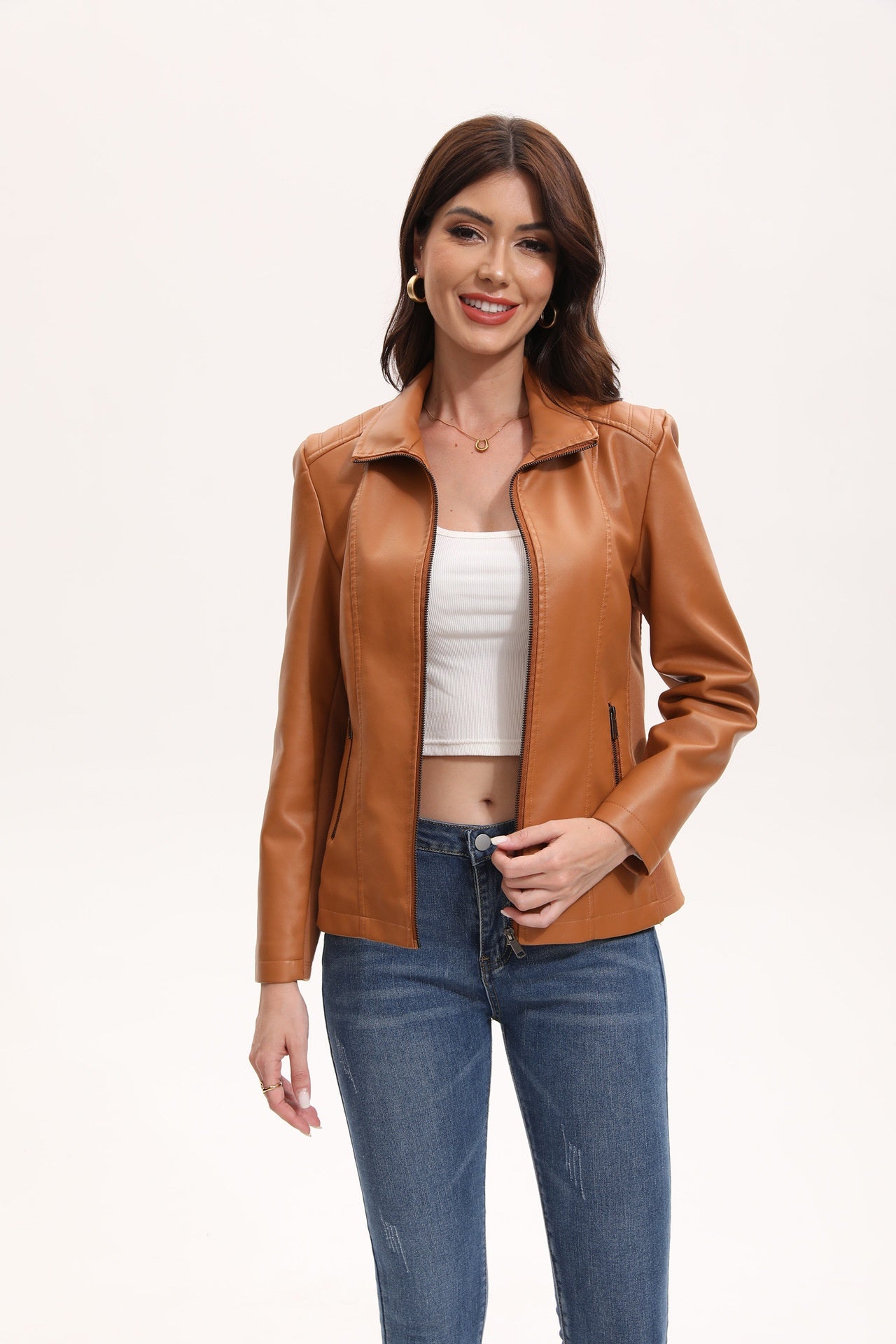 Women's Leather Jacket Knitted Stitching Stretch Coat