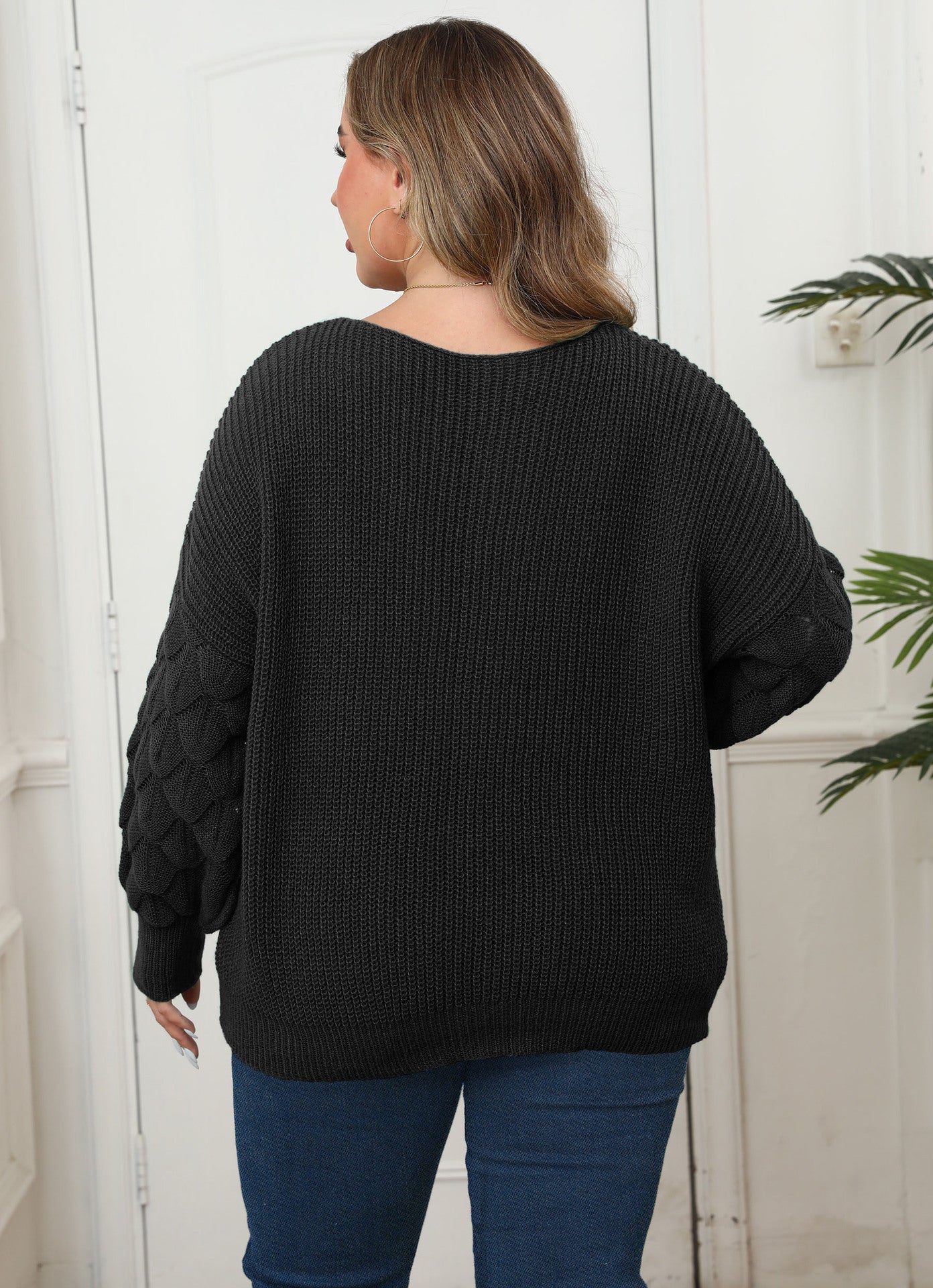 Plus Size Women's Pineapple Sleeve Stitching Deep V Woven Lace Butterfly Sweater