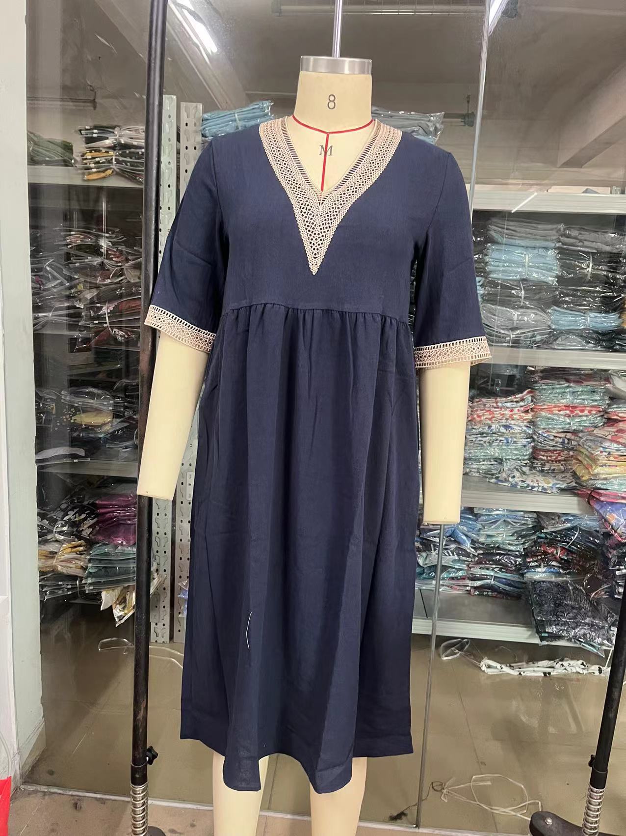 Cotton And Linen Lace Collar Half Sleeve Mid-length Dress